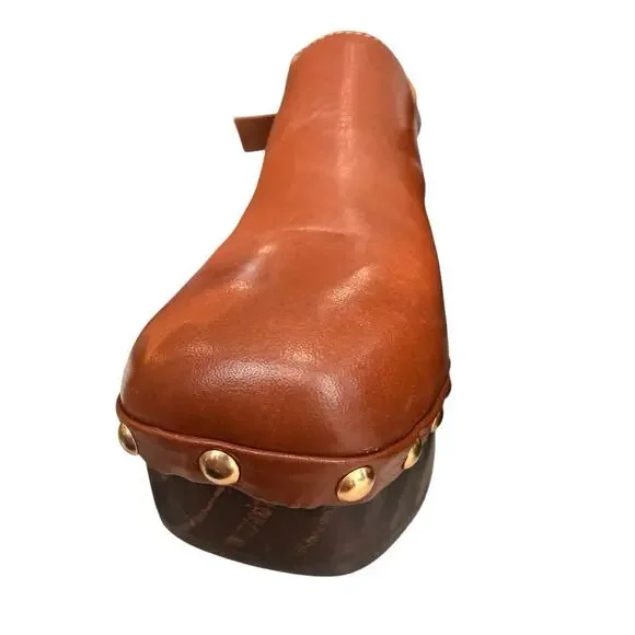 Matisse Brown Leather Platform Clogs LIBERTY Gold Studded Wood Heel Mule Size 8M - Picture 7 of 13